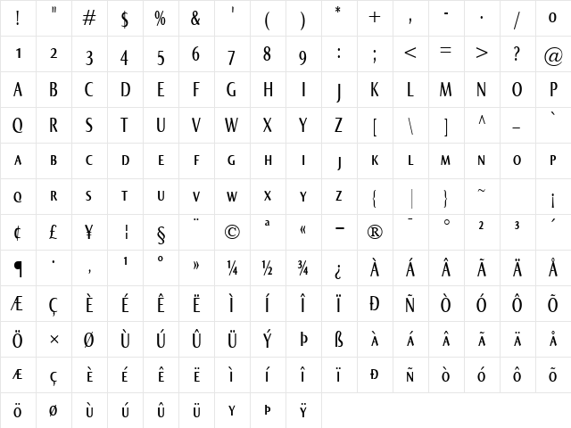Norma Compr SmallCaps Regular  glyph index