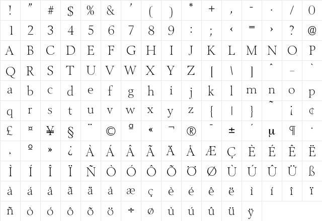 Belfast-Xlight Regular  glyph index