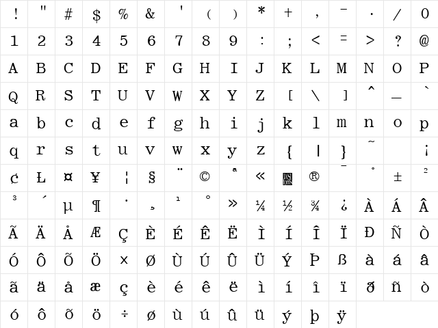 RomanFixedWidth Regular  glyph index
