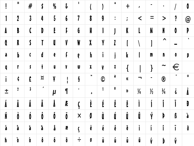 MasseyThin Normal  glyph index
