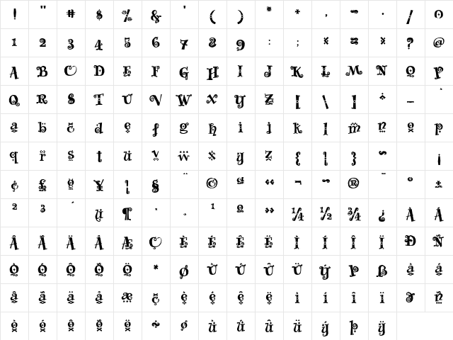 Whimsy Baroque ICG Heavy Regular  glyph index