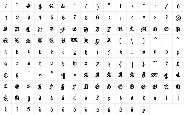 FraktSketch Regular  glyph index