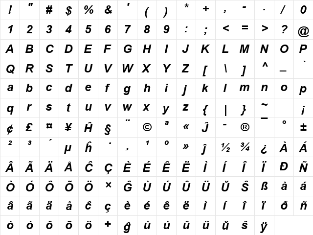 Arial Eo Bold Italic  glyph index