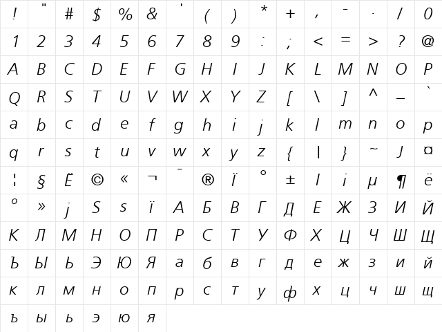 AG Foreigner Light-Italic Medium  glyph index