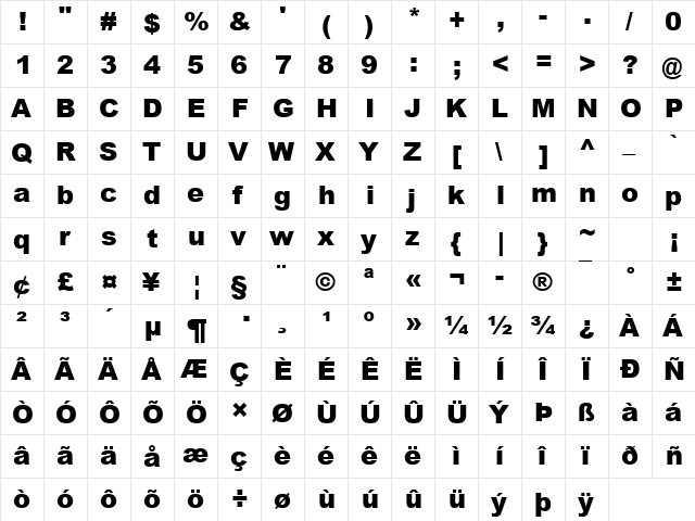 Arial MT Black Regular  glyph index