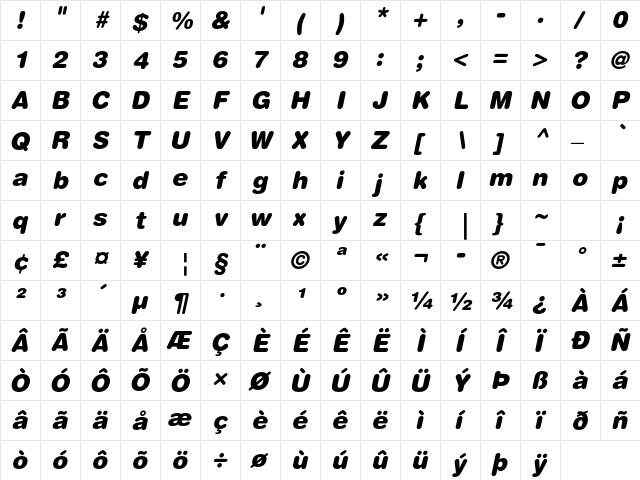 Helvetica Rounded LT Std Black Oblique  glyph index