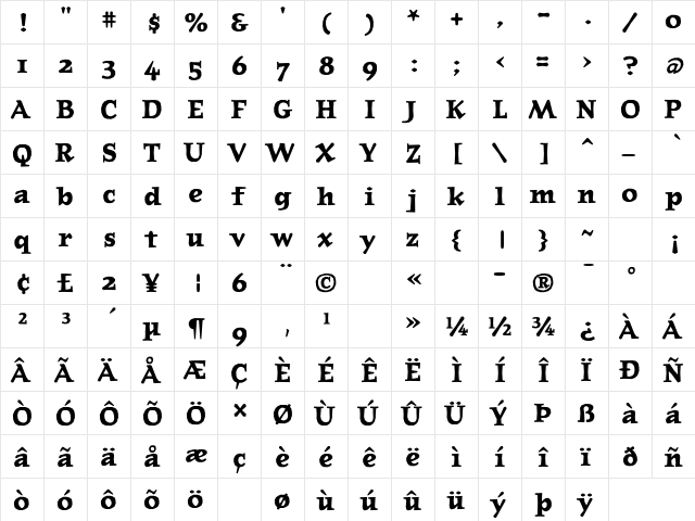 JournalOldstyle Bold  glyph index