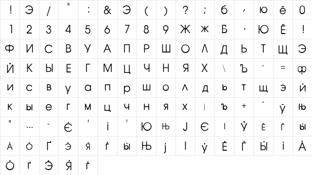 Korenski Regular  glyph index