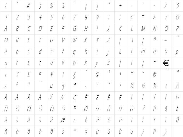 EricLiteThin Italic  glyph index