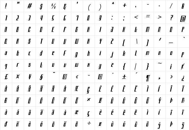 Archimate Italic Regular  glyph index