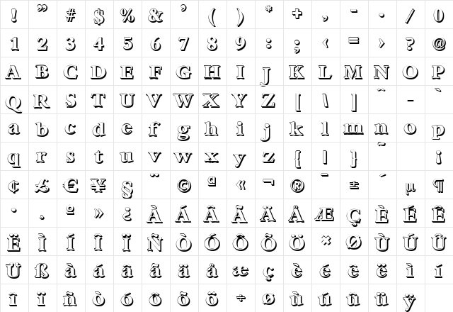 BernsteinShadow-Xbold Regular  glyph index