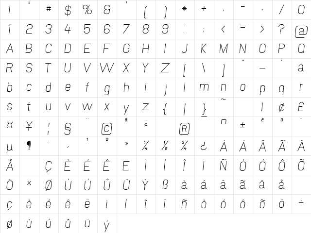NewMedia Italic  glyph index