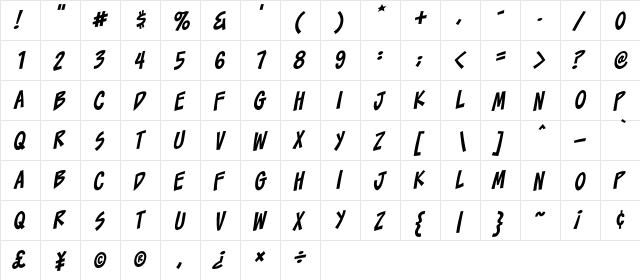 Toonacious BB Italic  glyph index