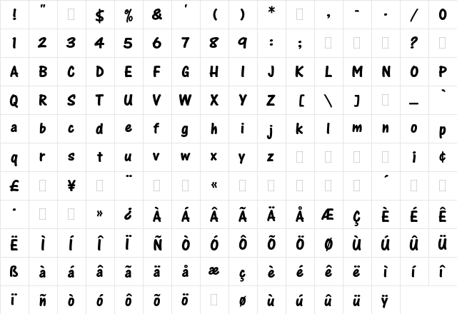 One Stroke Script Bold Plain  glyph index