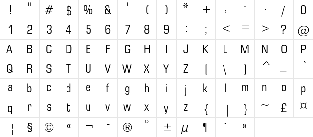 EuropeCond Regular  glyph index