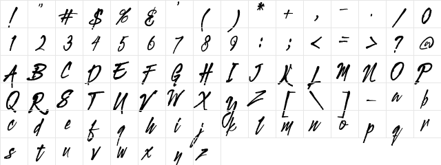 Gloucester Brush Script  glyph index