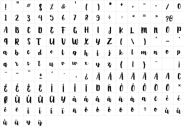 Silvia Aurelly Regular  glyph index