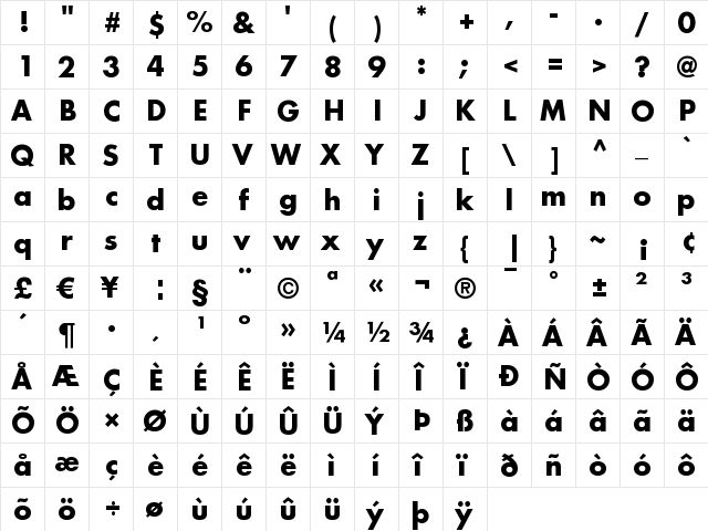 Futura LT Bold  glyph index
