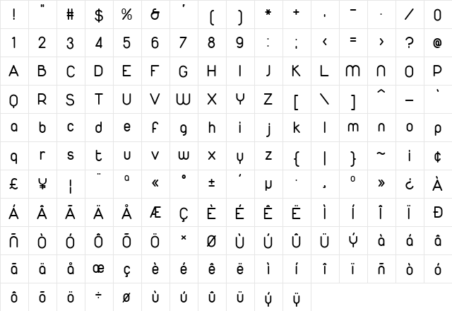 Duepuntozero Regular  glyph index