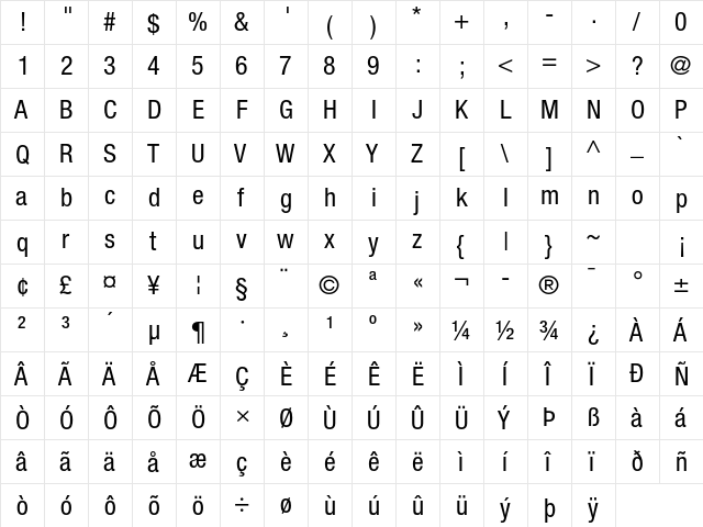Helvetica Neue LT Pro 57 Condensed  glyph index