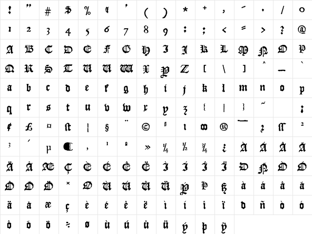 JSL Blackletter Antique Regular  glyph index