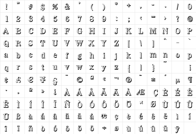 WichitaShadow-Medium Regular  glyph index