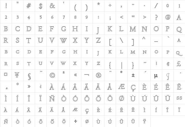 DTL Elzevir T Caps Outline  glyph index