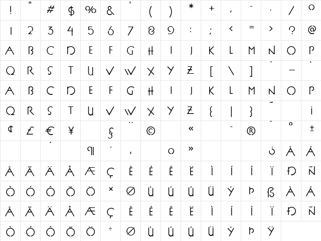 P22 FLLW Exhib Regular Regular  glyph index