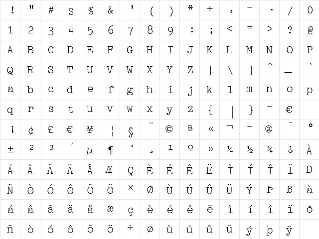 Pica10 BT Roman  glyph index