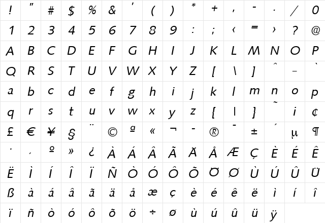 RogerBecker Italic  glyph index