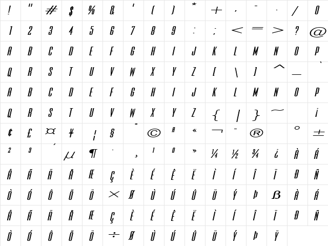 Expel Extended BoldItalic  glyph index