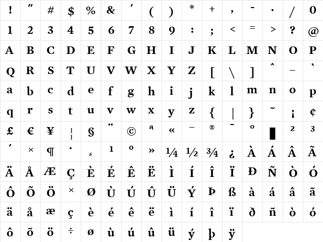 Mercury Text G2 SemiBold  glyph index