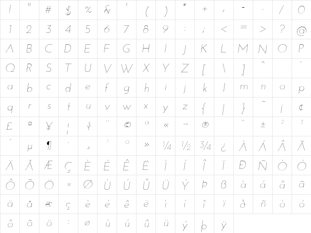 Josefin Sans Thin Italic  glyph index