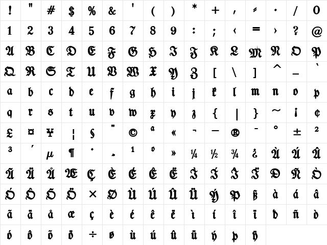 TypographerFrakturUNZ1 Medium  glyph index