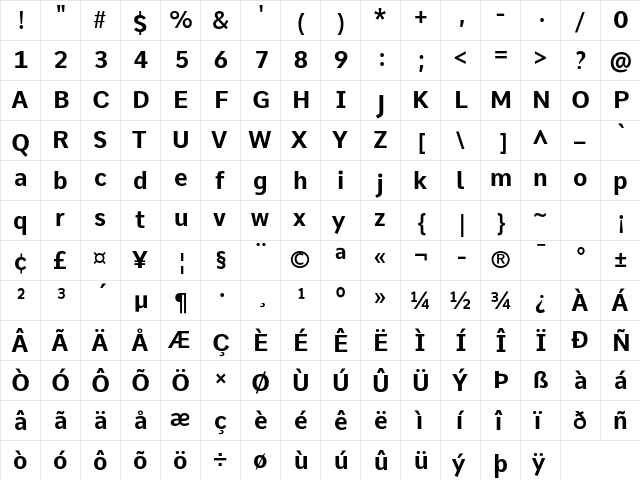 Comme Bold  glyph index