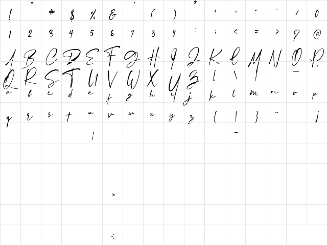 Blustori Tiller Regular  glyph index