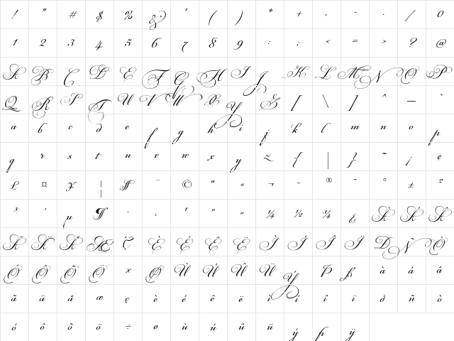 PF Champion Script Pro Regular  glyph index