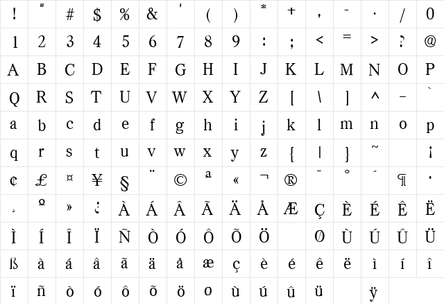 Casad Regular  glyph index