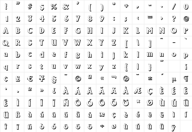 AdelonShadow-Xbold Regular  glyph index