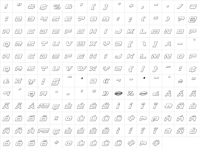Eridanus Condensed 3D Italic Condensed Italic  glyph index