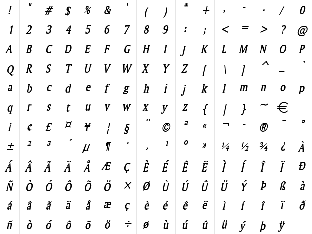 AmerettoCondensed BoldItalic  glyph index