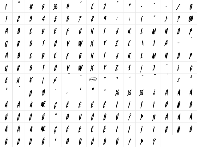 Eva Fangoria Warped Italic Italic  glyph index
