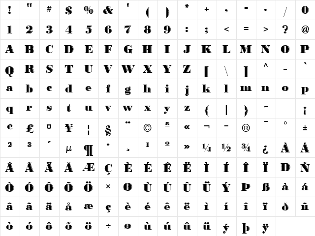 Bodoni Highlight ICG Regular  glyph index