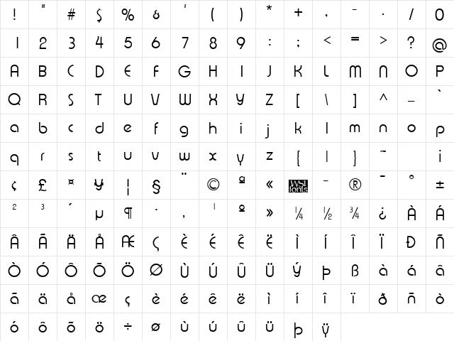 XpressiveLight Regular  glyph index