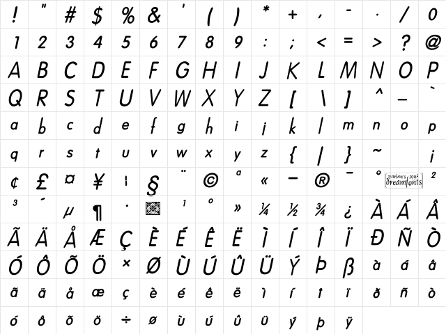 Dreamspeak BoldItalic  glyph index