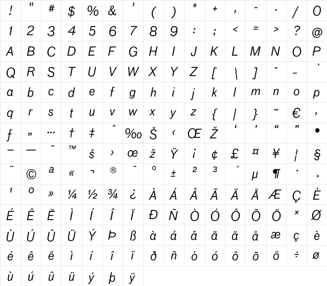 BauLF-RegularItalic Regular  glyph index