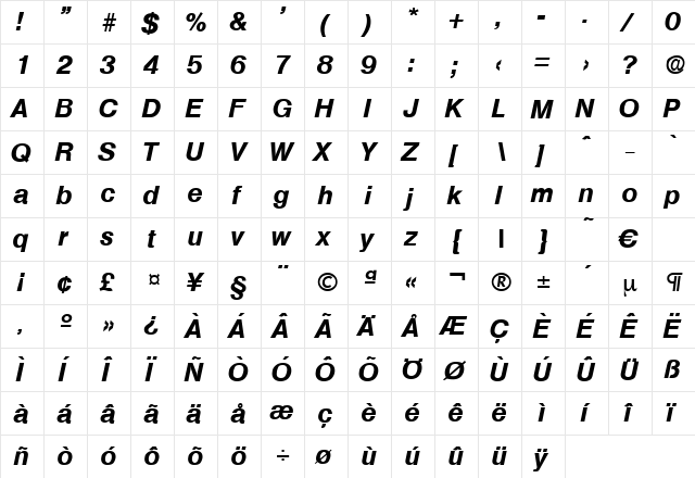 Olympia-BoldIta Regular  glyph index