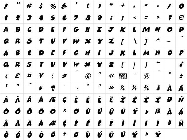 ComixHeavy Italic  glyph index