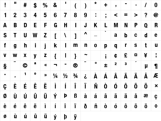 Helvetica Neue LT Com 77 Bold Condensed  glyph index