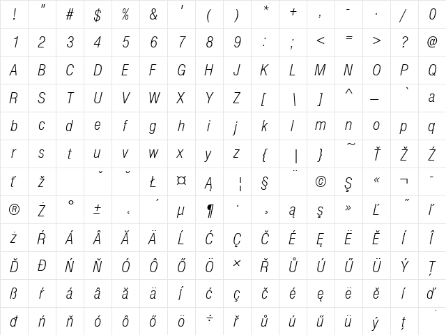 NimbusSanDEELigCon Italic  glyph index